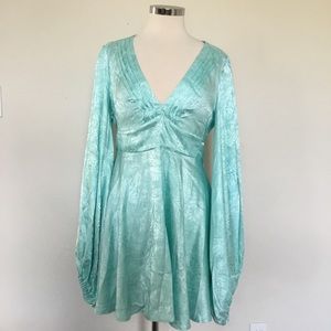 Lulu’s Mint Feather-Printed Balloon Sleeve Dress - Size Medium